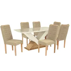 Sala de Jantar Kappesberg CSJ1453EAA058 Tampo de Vidro/MDF com 6 cadeiras Retro Bege