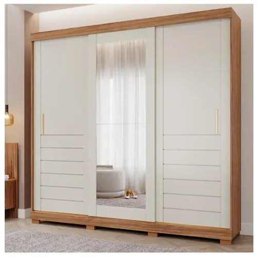 Roupeiro Panan Cecilia Slide Casal 3 Portas 6 Gavetas Com Espelho Cinamomo Off White