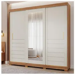 Roupeiro Panan Cecilia Slide Casal 3 Portas 6 Gavetas Com Espelho Cinamomo Off White