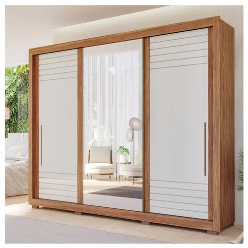 Roupeiro Panan Vitoria Casal 3 Portas 6 Gavetas Com Espelho Cinamomo Off White