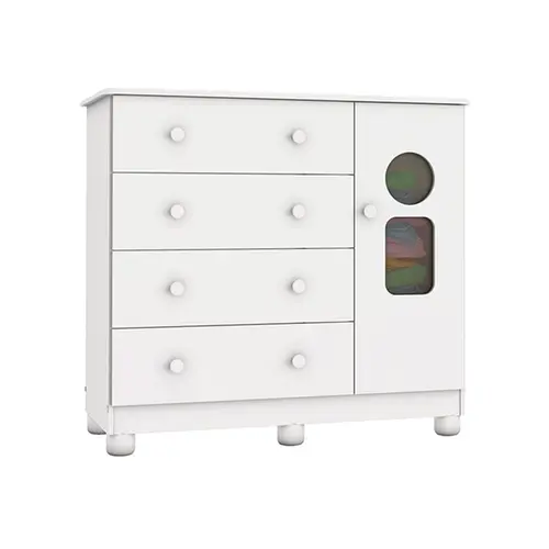 Cômoda Infantil Peroba Tedy 1 Porta e 4 Gavetas Cabideiro Metálico Branco Brilho