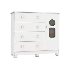 Cômoda Infantil Peroba Tedy 1 Porta e 4 Gavetas Cabideiro Metálico Branco Brilho