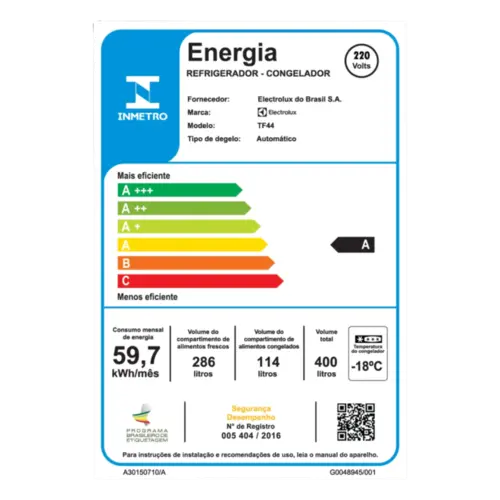 Refrigerador Electrolux 400L TF44 Autosense Duplex Frost Free Branco  127V