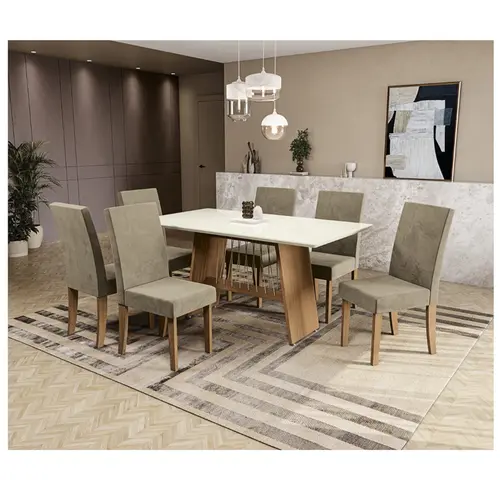 Sala de Jantar Kappesberg CSJ1610CN-A036 Tampo de vidro/MDF com 6 cadeiras Suede veludo Bege