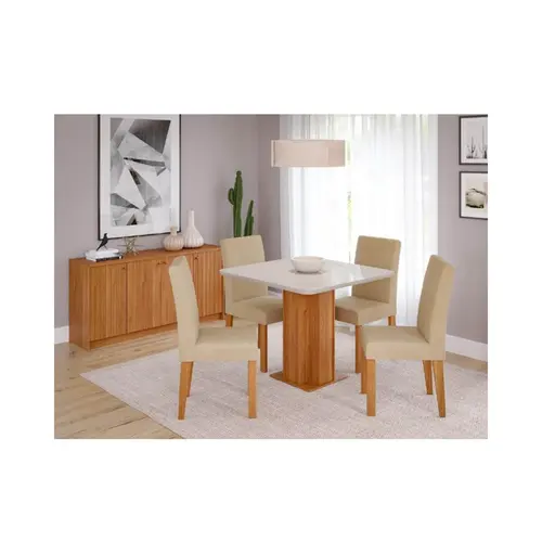 Sala De Jantar Cimol Sophia Mesa Com Vidro E 4 Cadeiras Maia Cinamomo Off White