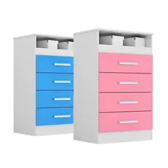 Comoda ACP Jessica com 4 Gavetas, Nicho Superior, 100% MDF Branco/Rosa ou Azul