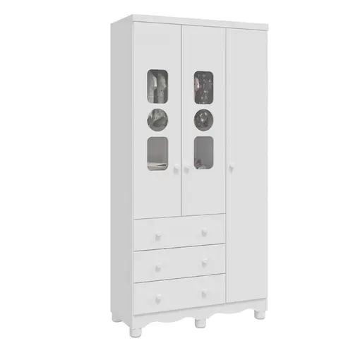 Roupeiro Infantil Peroba Tedy 3 Portas 3 Gavetas Branco Brilho