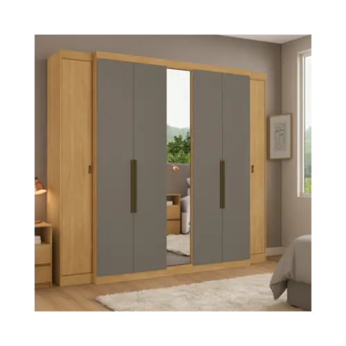 Roupeiro Supremo THB 100% MDF 7 Portas 2 Gavetas Com Espelho Nogal Gris Glass