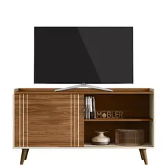Rack Bancada Mobler Austin 1.36  TV 50" Cinamomo Mel Detalhes Perola Metalizado