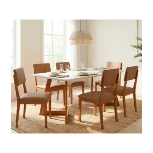 Sala De Jantar Cimol Caju Madeira Eucalipto Tampo De Vidro 6 Cadeiras Off White