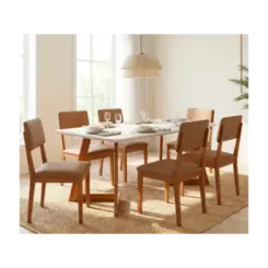 Sala De Jantar Cimol Caju Madeira Eucalipto Tampo De Vidro 6 Cadeiras Off White