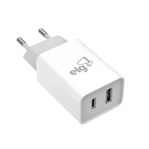 Carregador Universal ELG 2 Portas USB 2.1A + Tipo-C 2.1A Carga Rapida Branco