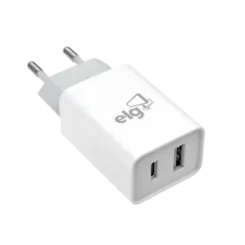 Carregador Universal ELG 2 Portas USB 2.1A + Tipo-C 2.1A Carga Rapida Branco