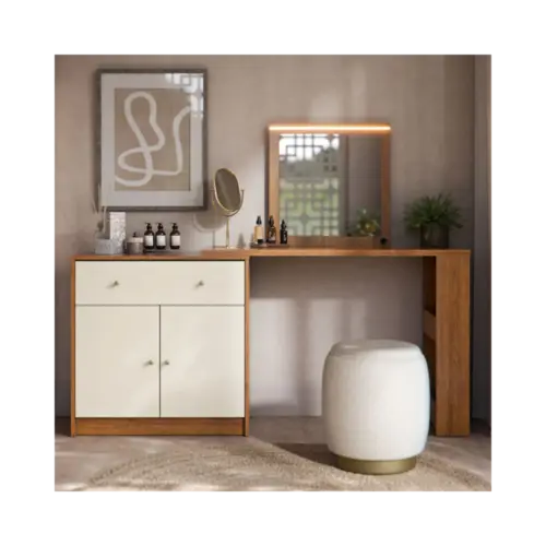 Penteadeira Camarim Aura Mobler 1 Gaveta 2 Portas Fita Em Led Canela Off White
