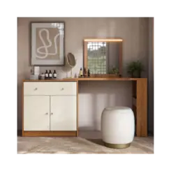 Penteadeira Camarim Aura Mobler 1 Gaveta 2 Portas Fita Em Led Canela Off White