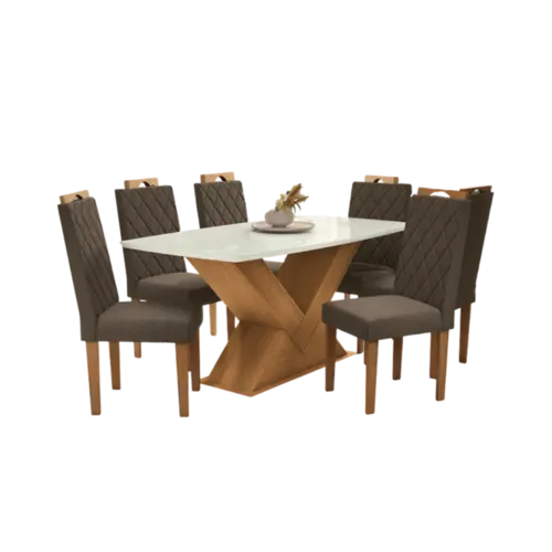Sala Jantar Kappesberg Eucalipto e MDF Com Tampo De Vidro 6 Cadeiras Canela Off White
