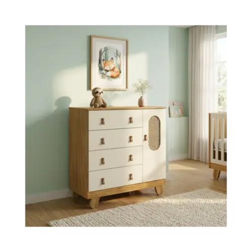 Comoda Pingo Peroba Em MDF 4 Gavetas 1 Porta Amendoa Off White