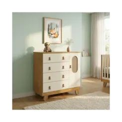 Comoda Pingo Peroba Em MDF 4 Gavetas 1 Porta Amendoa Off White