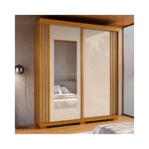 Roupeiro Athena ACP Solteiro 100% MDF 2 Portas 3 Gavetas Com Espelho Cinamomo Off White