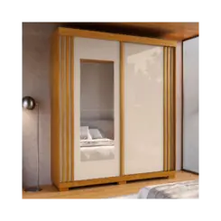 Roupeiro Athena ACP Solteiro 100% MDF 2 Portas 3 Gavetas Com Espelho Cinamomo Off White
