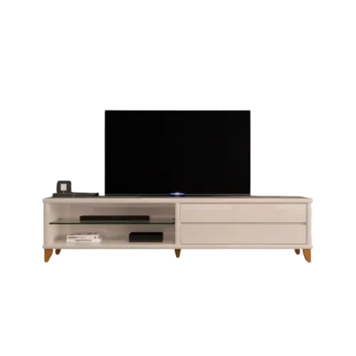 Rack EDN Para TVs Ate 85" Vigo 2.2 Com 2 Gavetas Prateleira De Vidro Off White