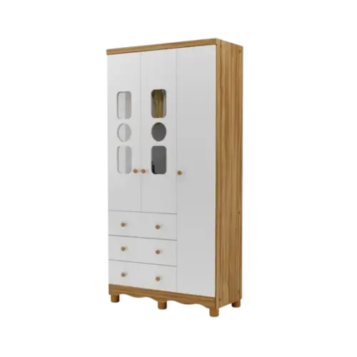 Armario Infantil Peroba Tedy 100% MDF 3 Portas 3 Gavetas Branco Brilho Amendoa