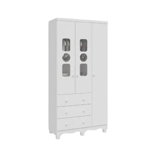 Armario Infantil Peroba Tedy 100% MDF 3 Portas 3 Gavetas Branco Brilho