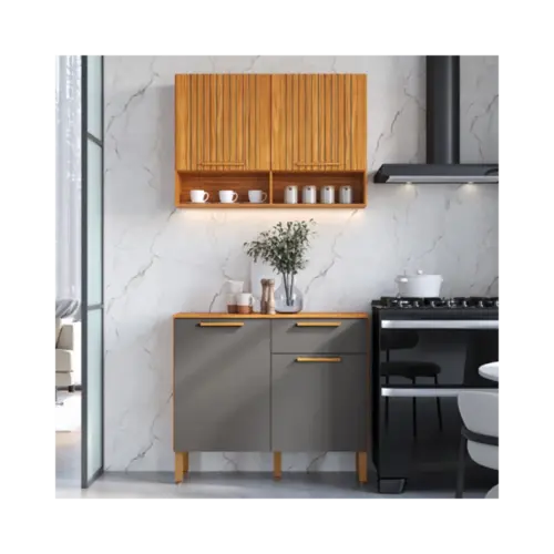 Conjunto Cozinha Riodoce Balcao Armario Aereo Em MDF Canela Platina